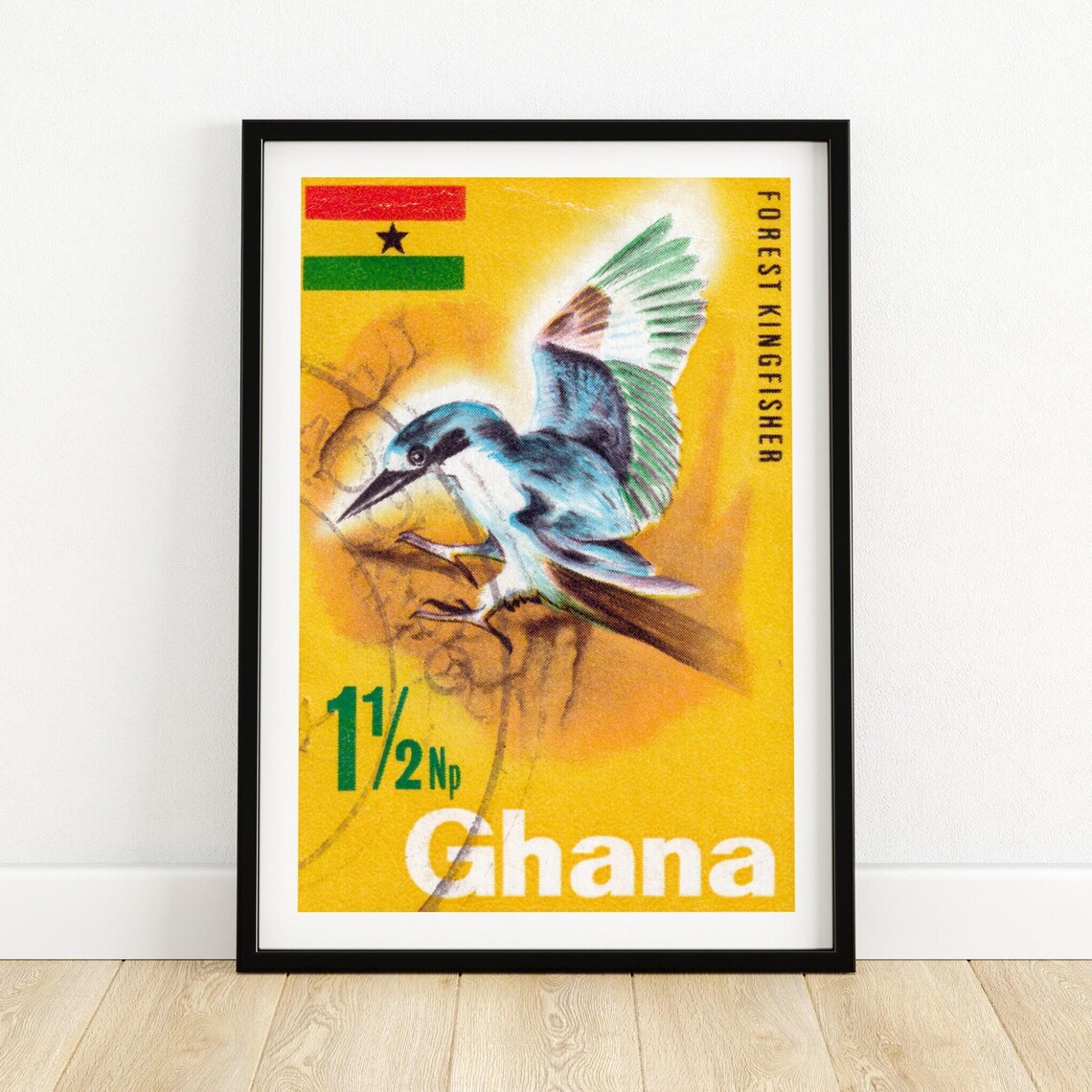 Ghana Forest Kingfisher 1 1/2 Np Vintage Bird Stamp Art Poster