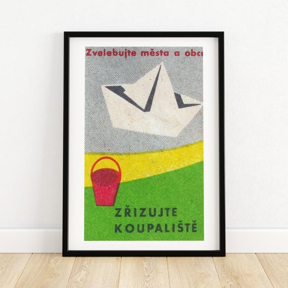 Paper Boat In Park Pond Matchbox Print Czech Wall Art Vintage Czech Art Matchbox Wall Poster Vintage Poster Print