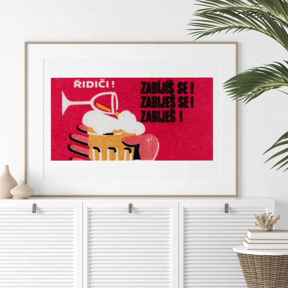 Vintage Czech Anti Drunk Driving Beer Mug Matchbox Label Poster - Image 2