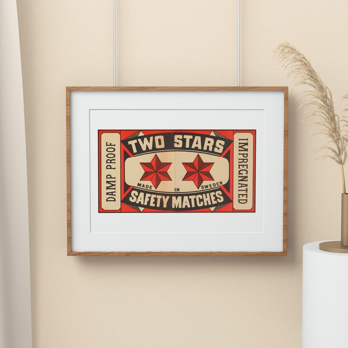 Two Stars Damp Proof Safety Matches Vintage Swedish Label Art Poster - Image 2