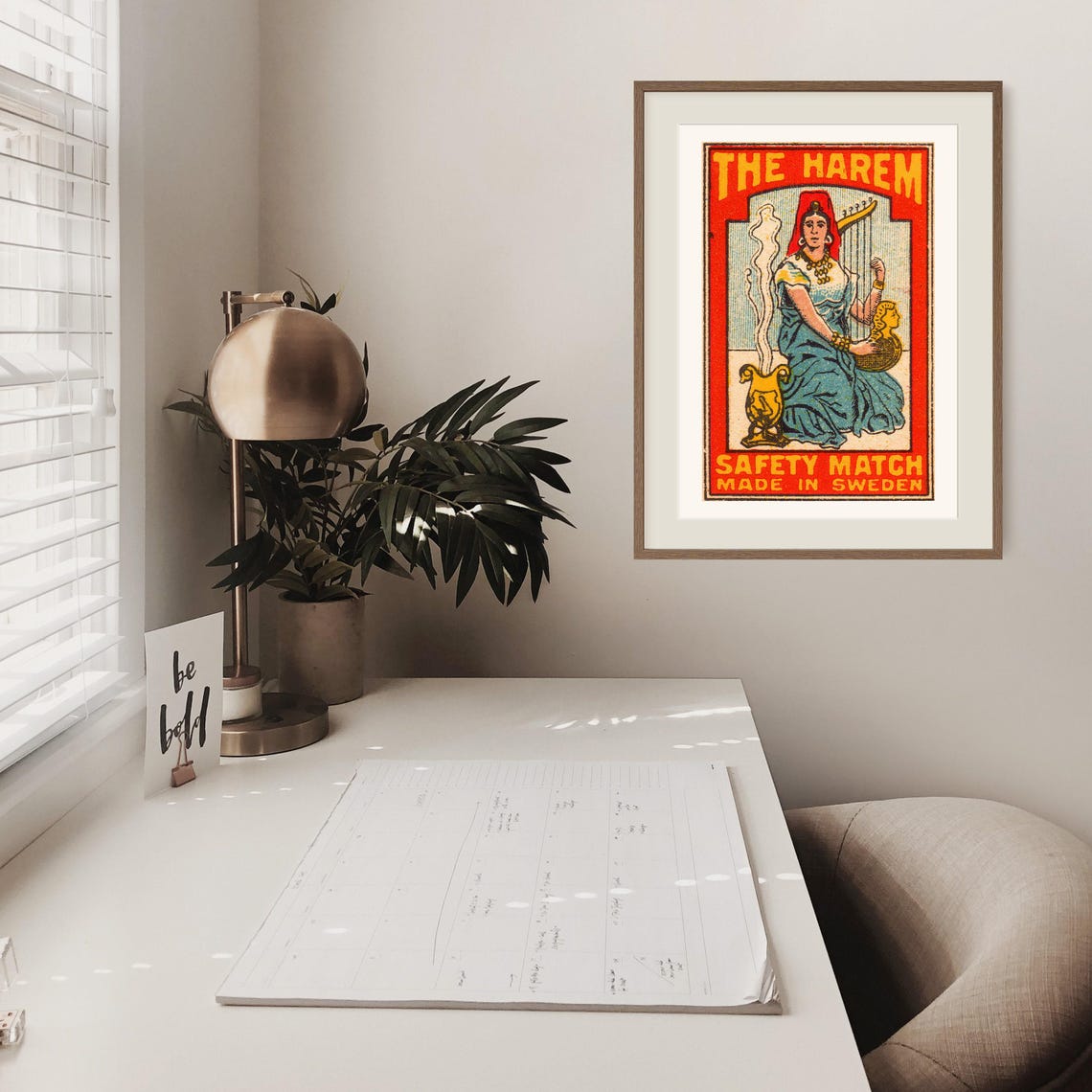 The Harem Harp Player Vintage Swedish Matchbox Label Art Poster - Image 2