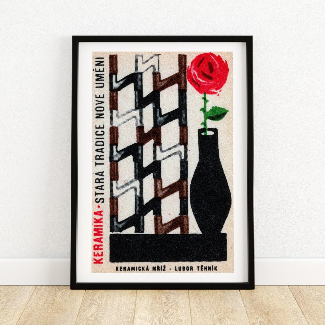 Czech Ceramics Red Rose Black Vase Tile Design Vintage Poster Art