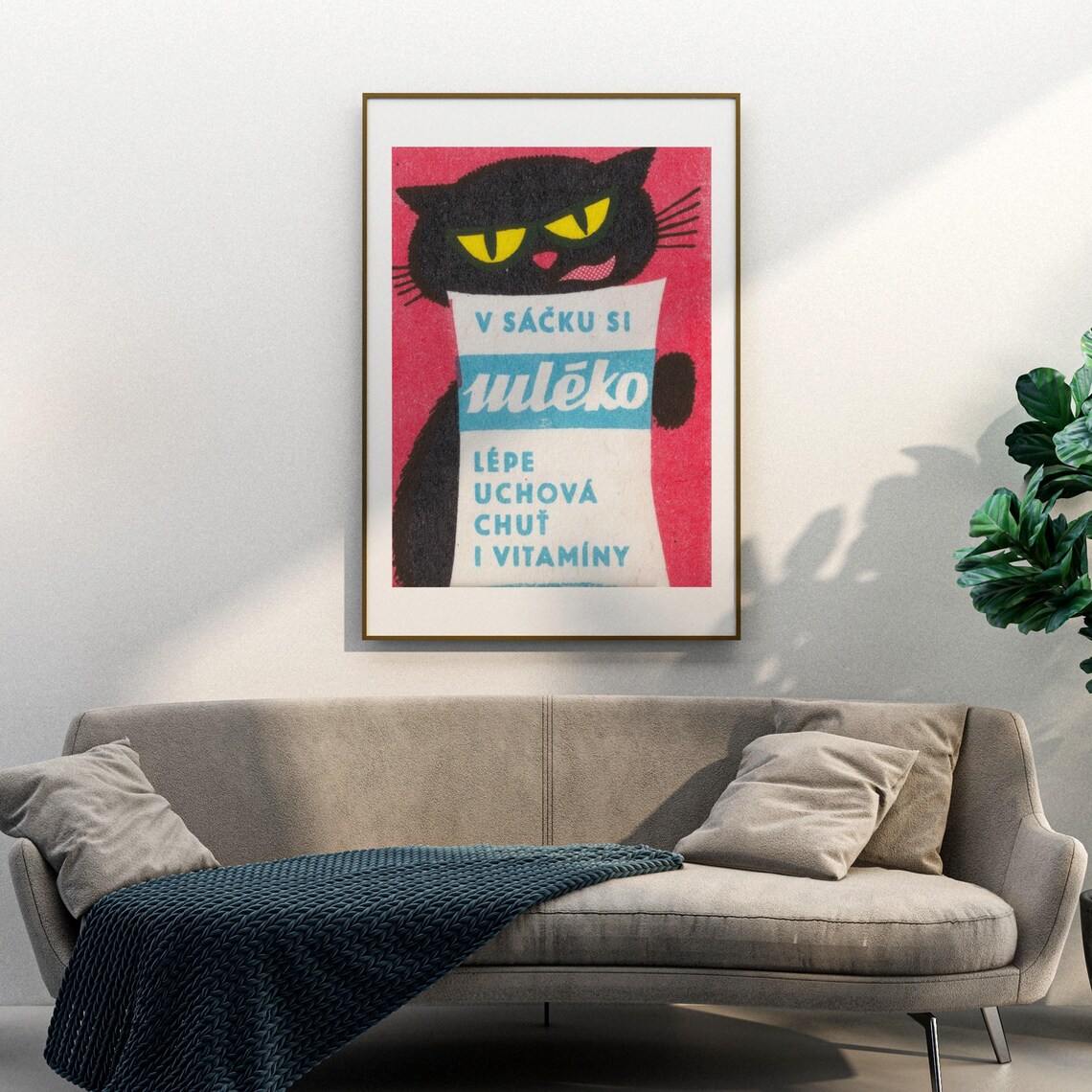 Black Cat With Milk Bag Czech Matchbox Label Pink Funny Vintage Cat Poster - Image 3