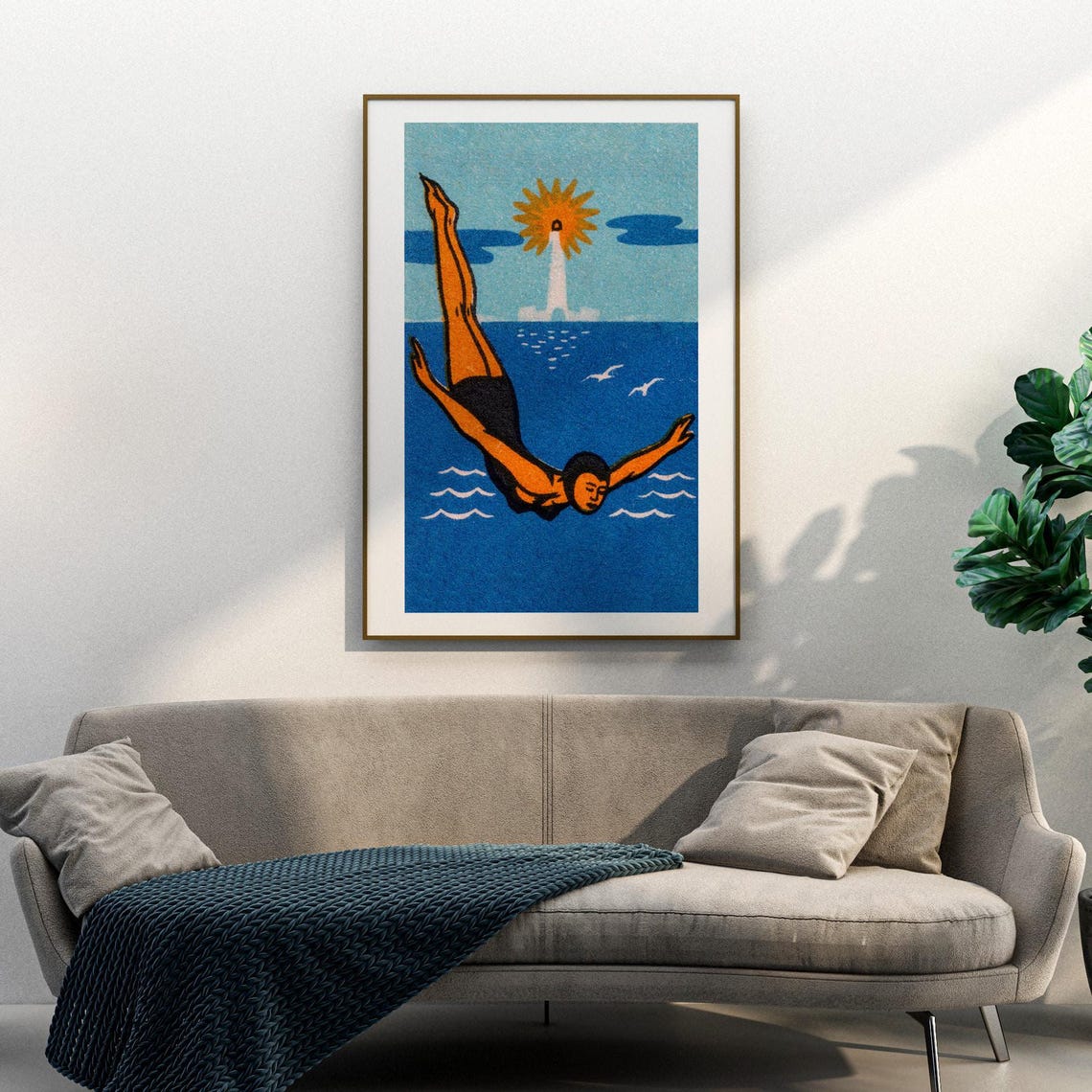 The Diver Lighthouse Sun Blue Vintage Matchbox Art Poster Sea - Image 3
