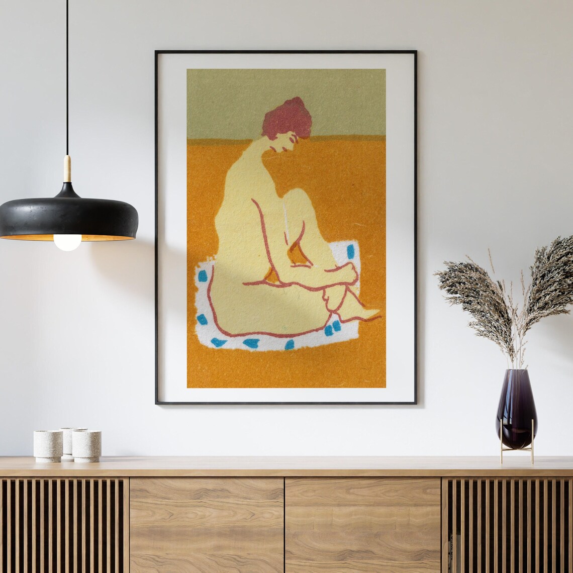 Nude Seated Woman Warm Yellow Minimalist Vintage Matchbox Label Art Poster - Image 4