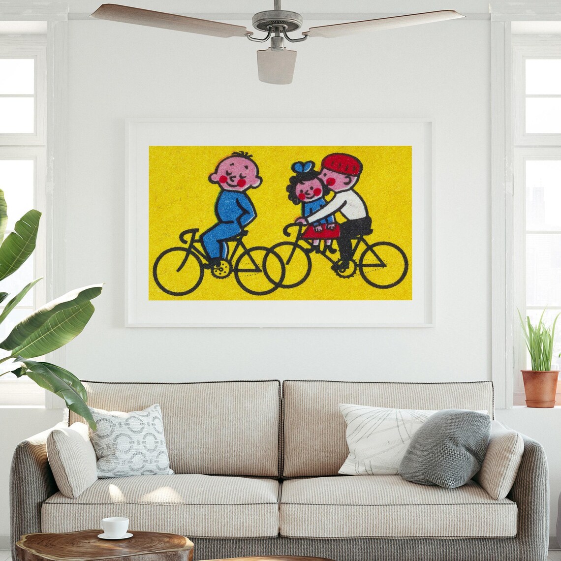 Kids Cycling Cartoon Trio Yellow Vintage Matchbox Art Poster - Image 3