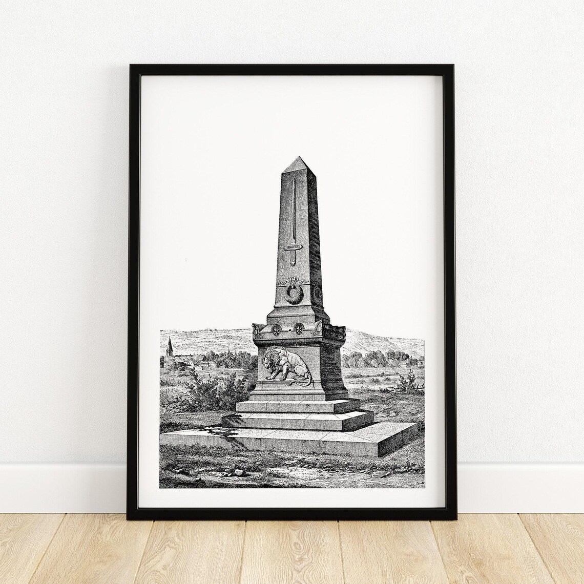 Obelisk War Memorial With Lion Relief 1870 French Engraving Poster