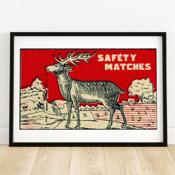 Red Stag Deer Vintage Safety Matches Label Wildlife Wall Art