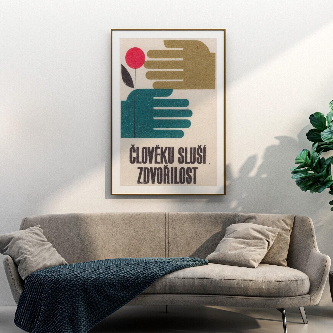 Hand Passing Red Flower Matchbox Vintage Czech Poster - Image 3