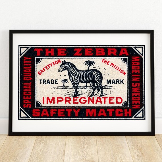 The Zebra Swedish Safety Match Vintage Zebra Engraving Poster