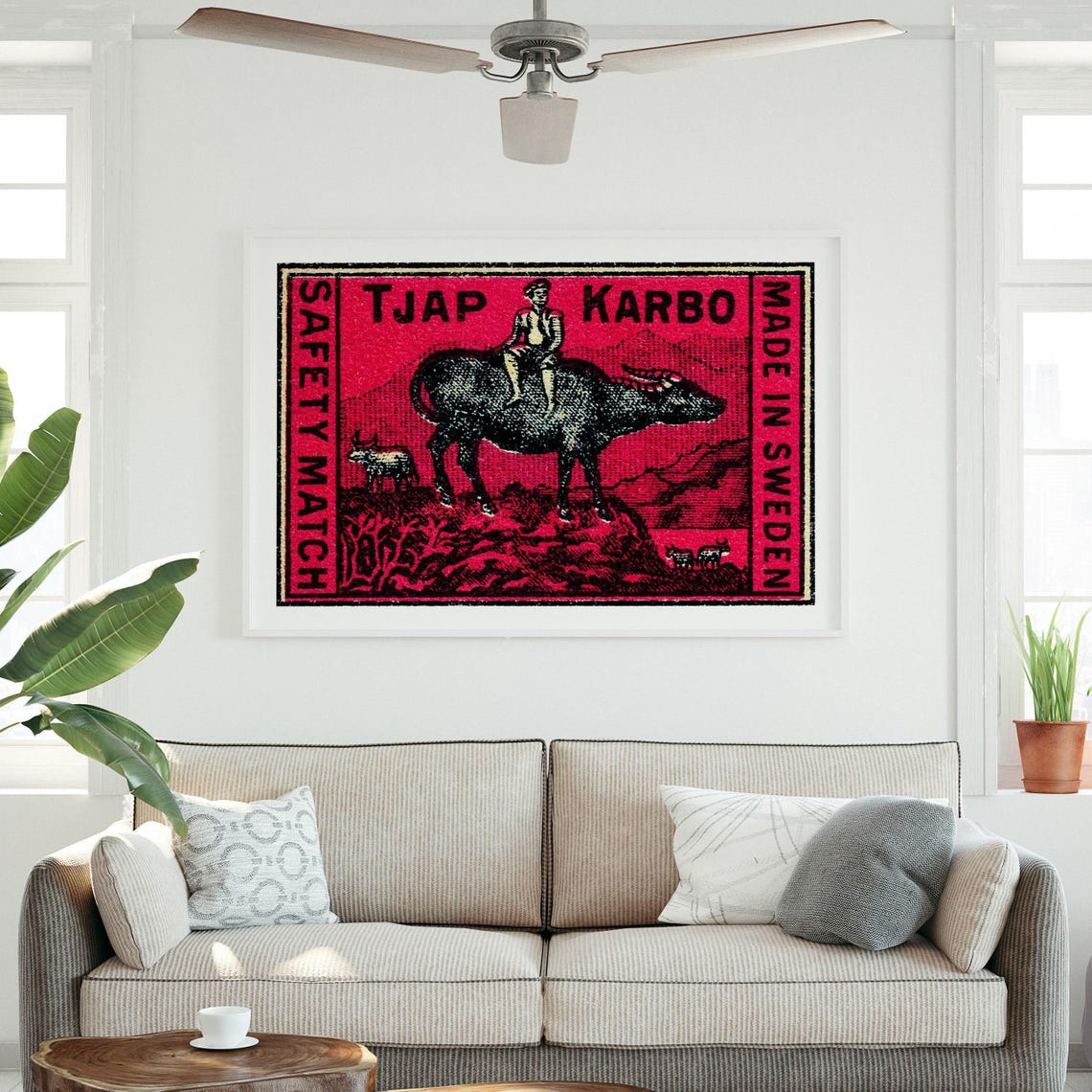 Tjap Karbo Water Buffalo Rider Vintage Swedish Match Label Poster - Image 3
