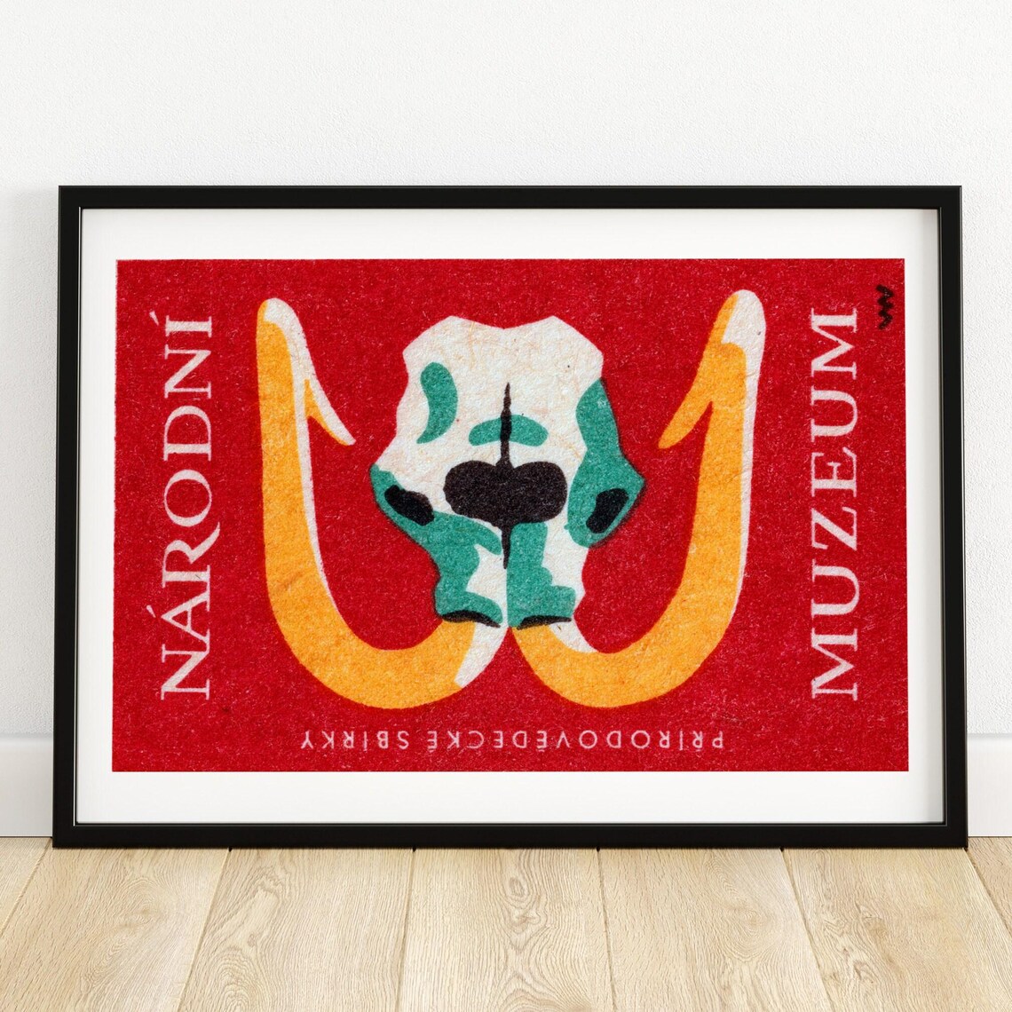 Narodni Muzeum Mammoth Skull Red Czech Matchbox Label Art Poster