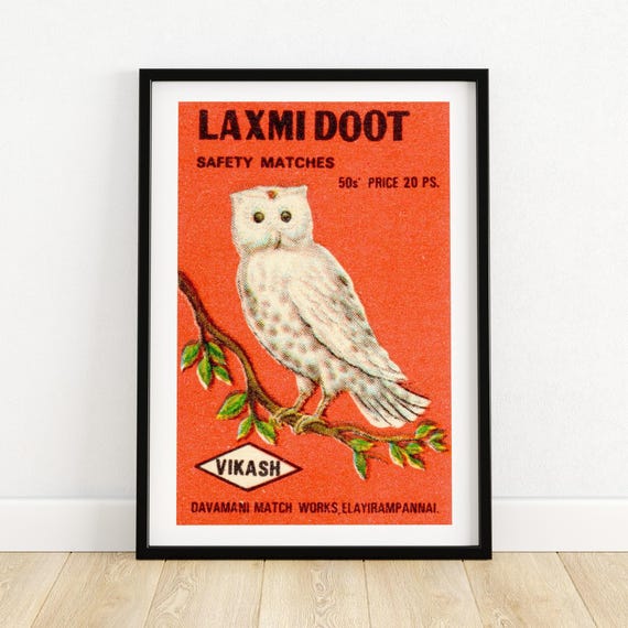 Laxmi Doot Matchbox Art Print Vintage Owl Illustration Rustic Decor Unique Gift For Collectors Bold Retro Wall Art A4