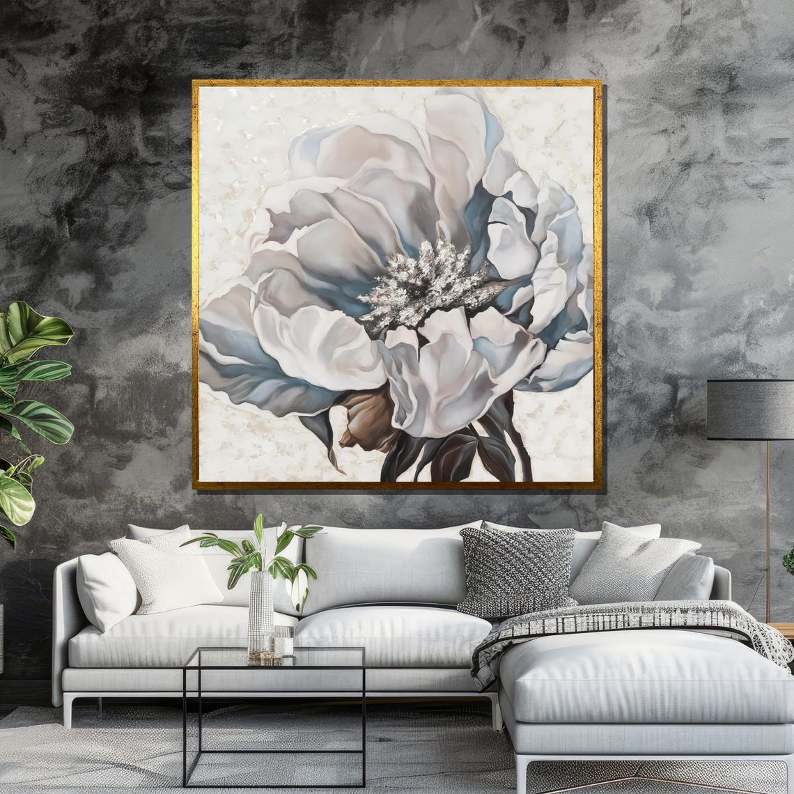 Gray and White Peony on Cream Textured Background Floral Art Poster - Image 6