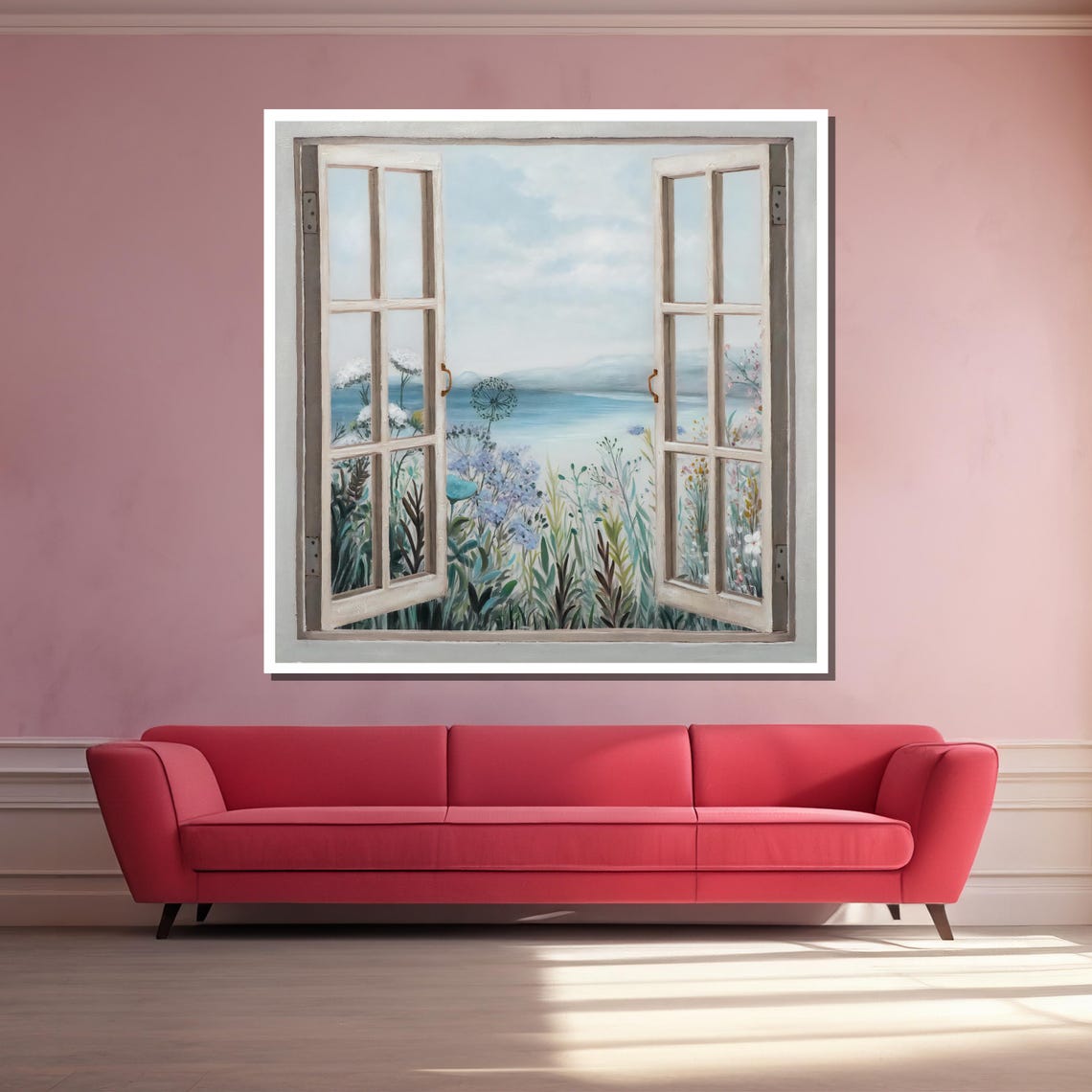 Open Window View of Coastal Wildflowers and Calm Sea Landscape Poster - Image 3