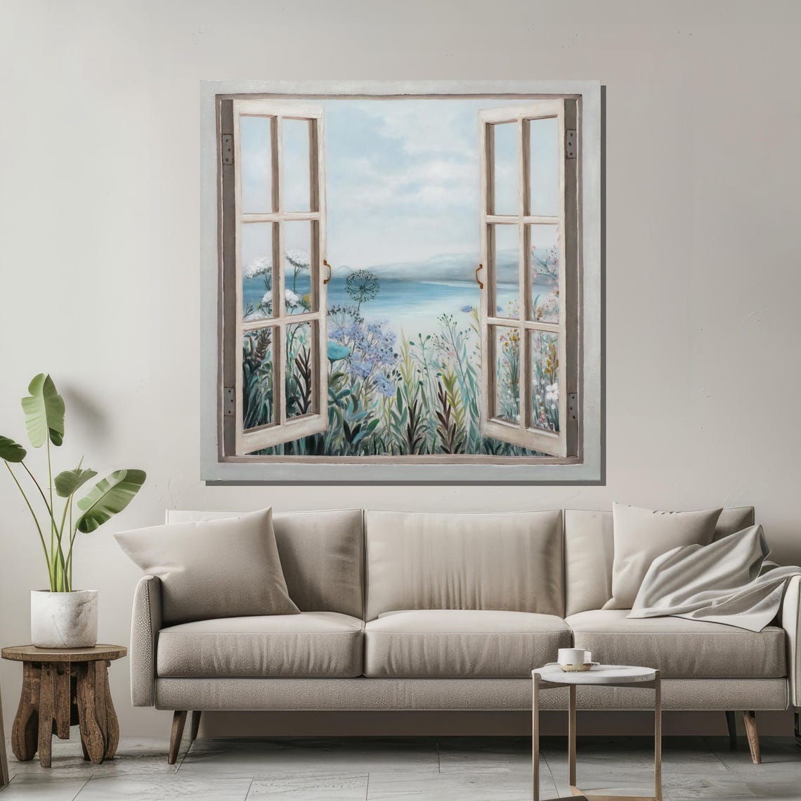 Open Window View of Coastal Wildflowers and Calm Sea Landscape Poster - Image 2