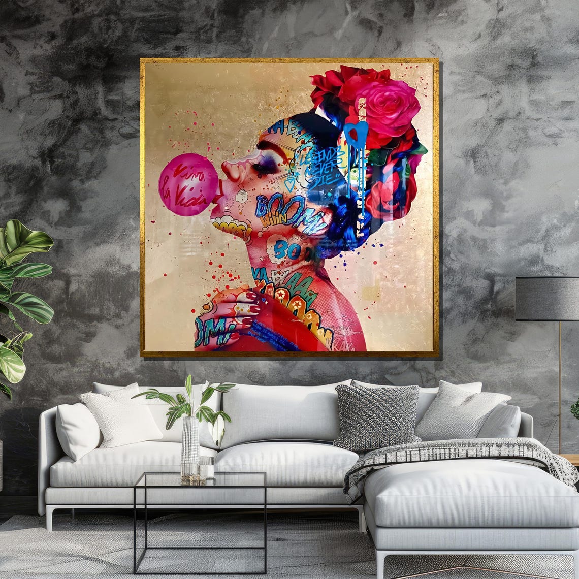 Woman Blowing Pink Bubblegum Bubble With Graffiti Tattoo Street Poster - Image 6