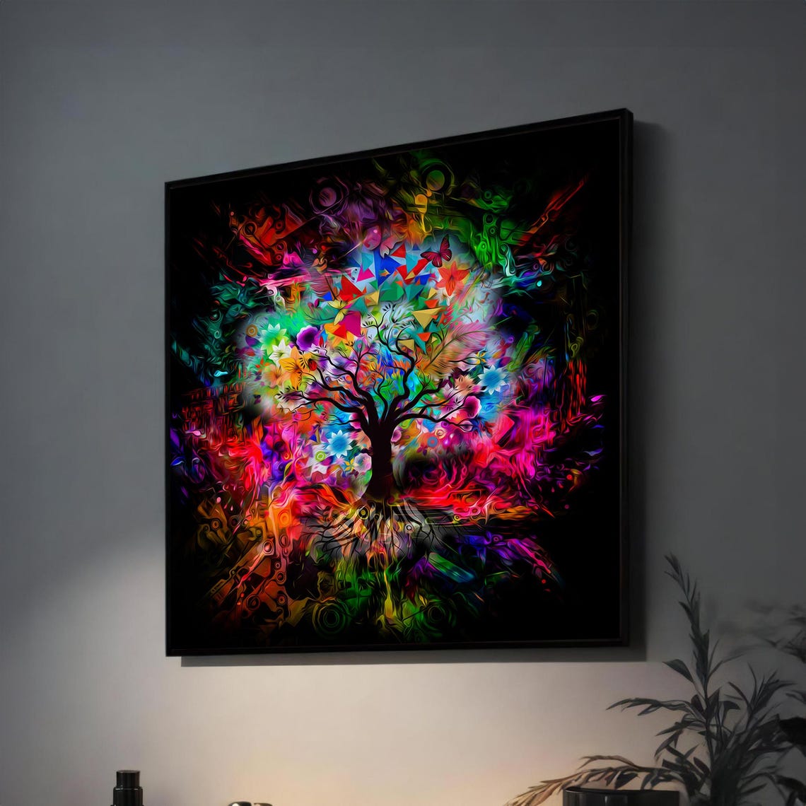 Neon Rainbow Psychedelic Tree of Life on Black Background Art Poster