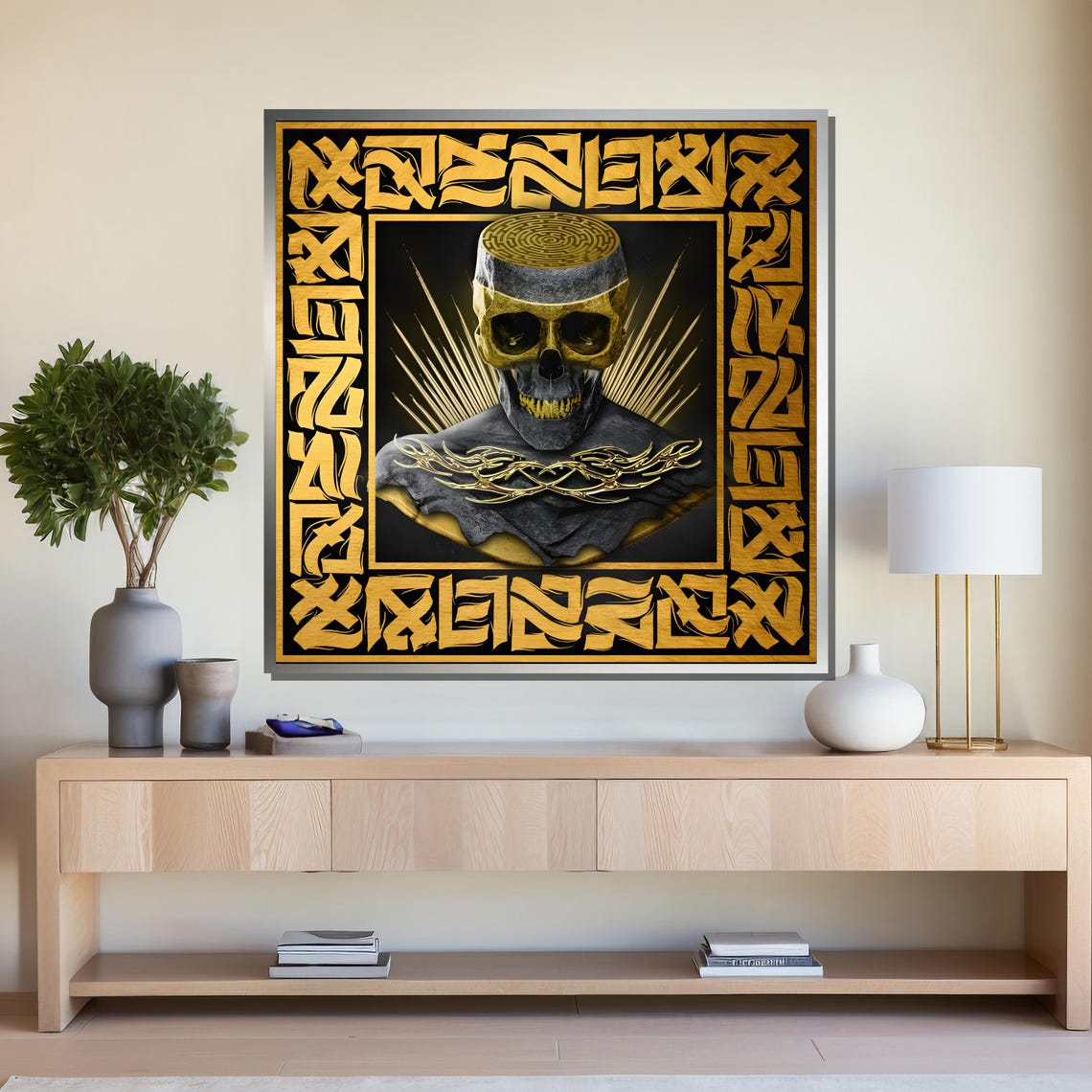 Golden Skull With Intricate Calligraphy Bold Gothic Art For Unique Home Decor - Image 4