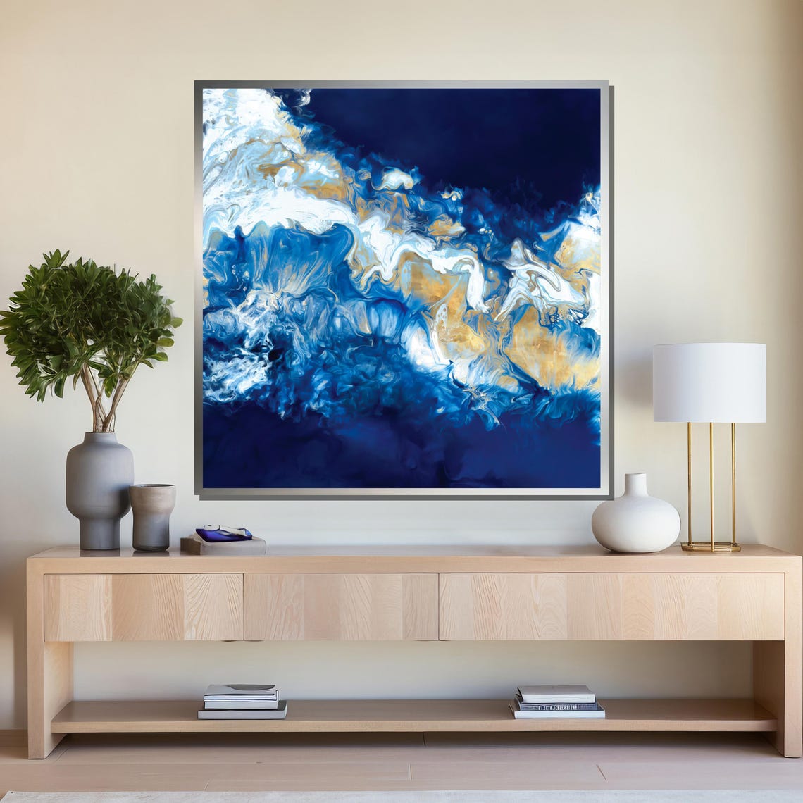Abstract Navy Blue Gold and White Ocean Waves Fluid Art Poster - Image 4