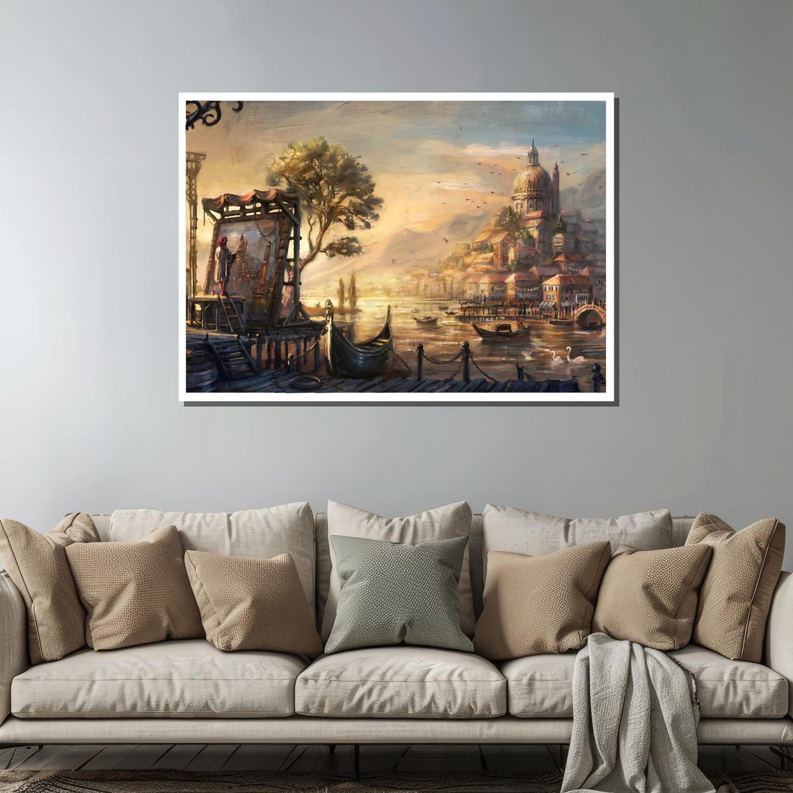 Venetian Sunset Canal With Gondolas And Painter Dock Scene Poster - Image 3