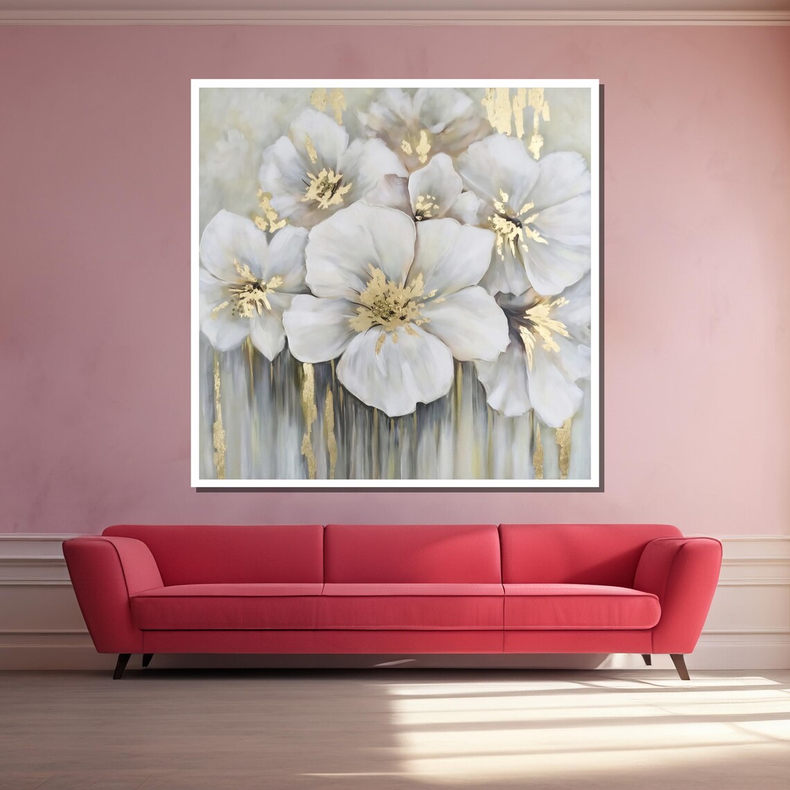 Elegant White Floral Painting With Gold Accents Modern Flower Wall Art For Living Room Luxury Nature Inspired Home Decor - Image 3
