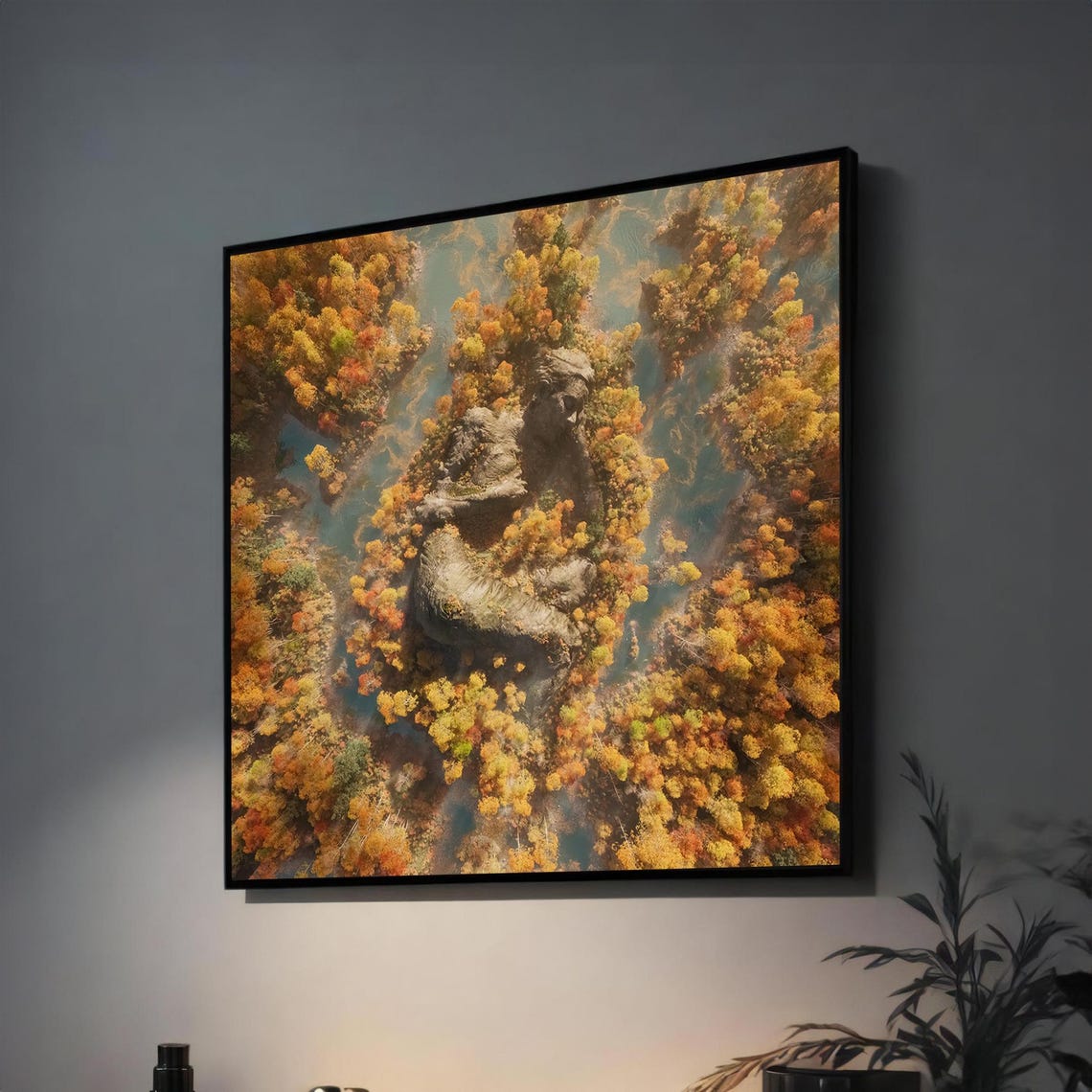 Aerial Autumn Forest With Hidden Woman's Face Double Exposure Poster
