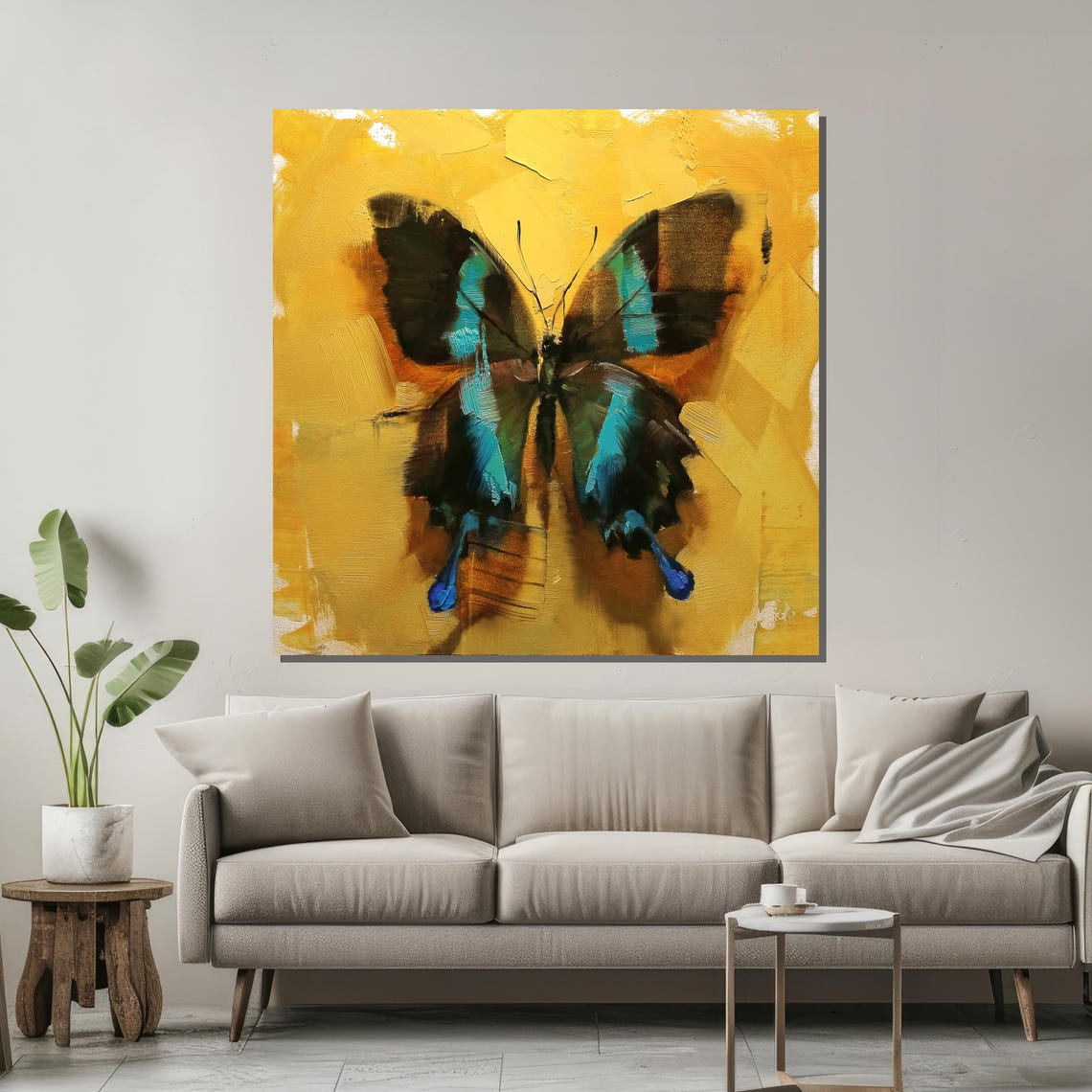 Striking Teal Butterfly on Golden Yellow Abstract Poster for Bedroom - Image 2