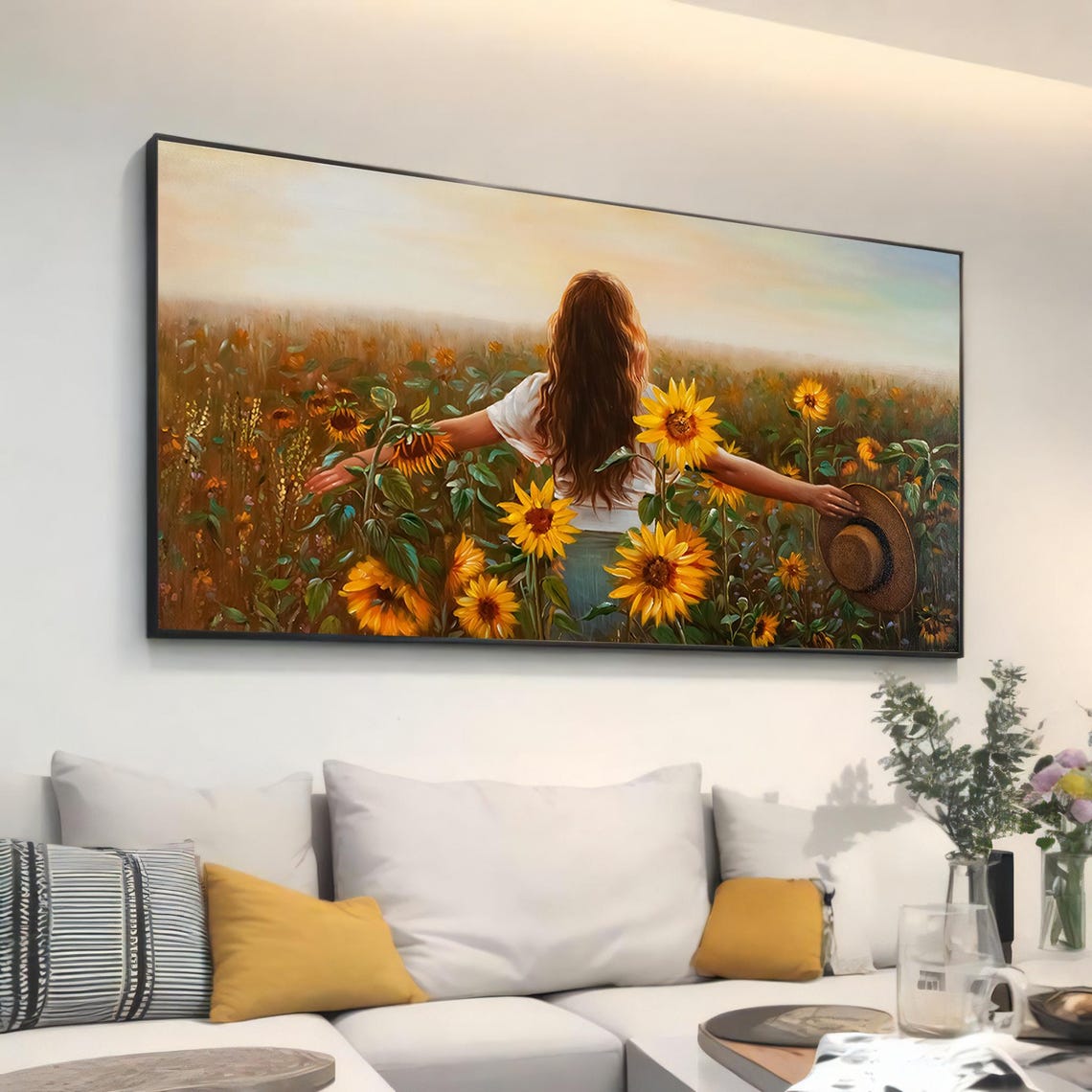 Woman With Arms Wide Open In Golden Sunflower Field Scene Poster