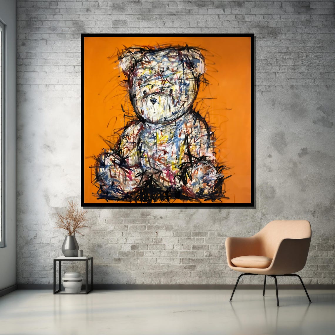 Sketchy Scribble Teddy Bear on a Bold Bright Orange Background Poster - Image 5