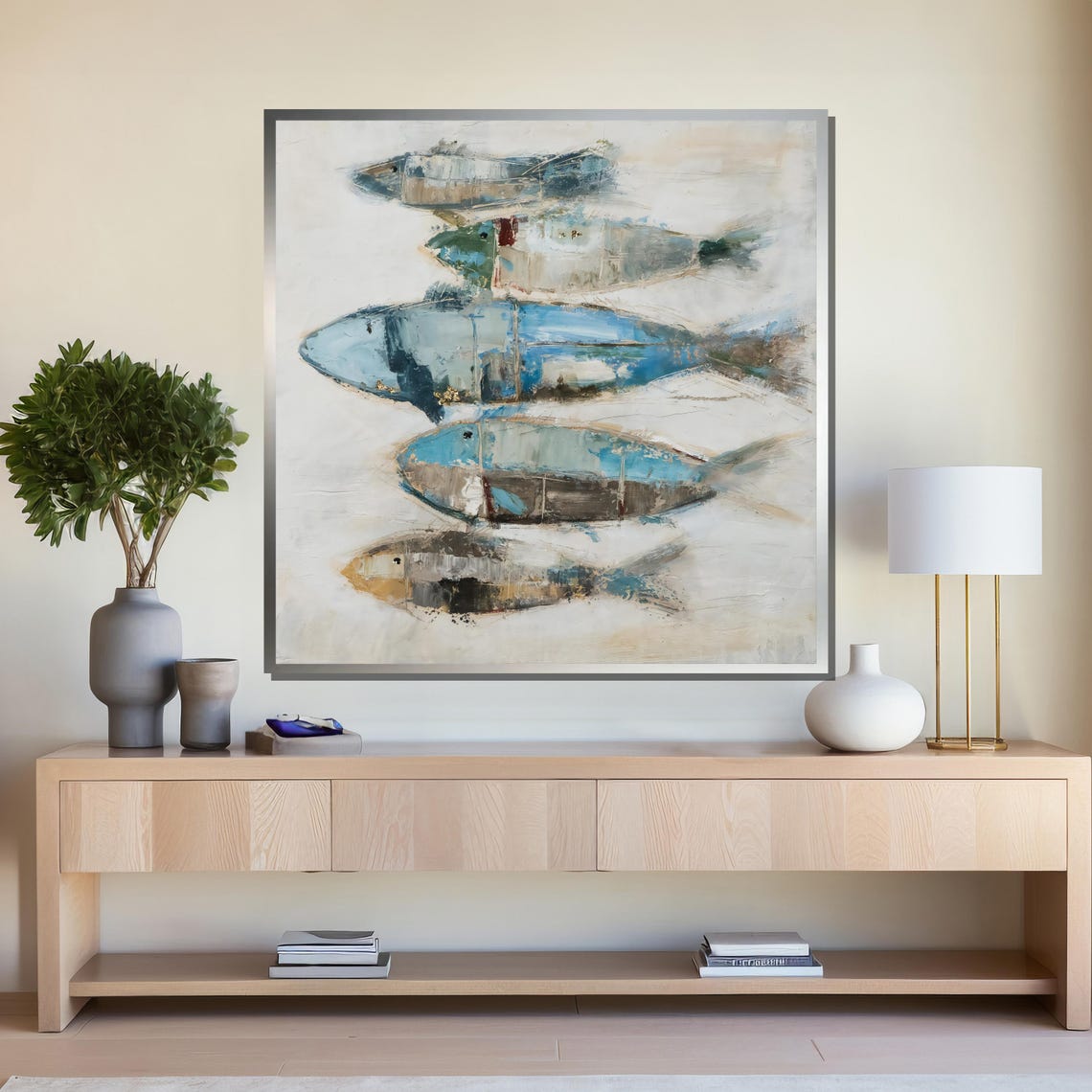 Abstract Coastal Fish School Blue Beige Ocean Poster for Beach Home - Image 4