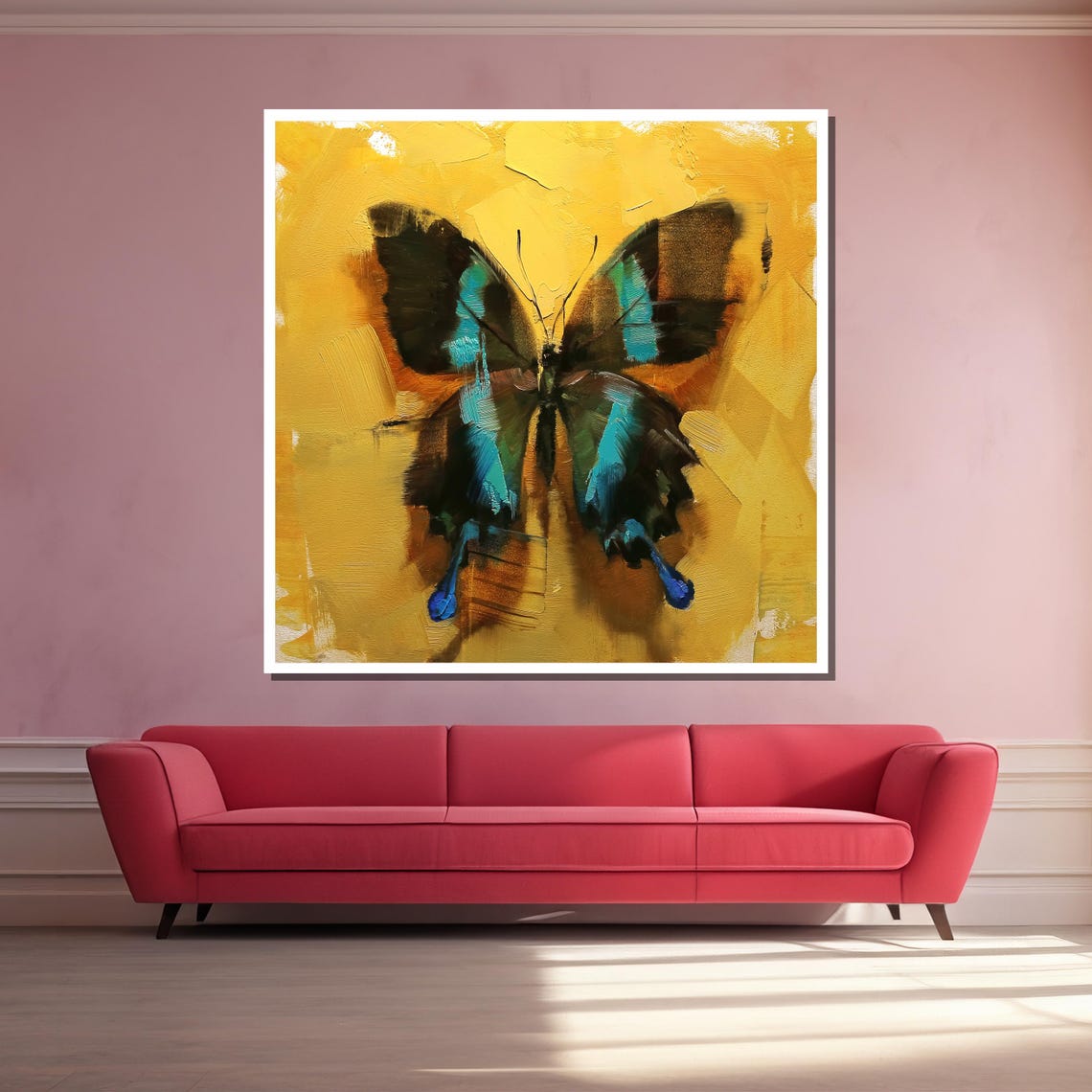 Striking Teal Butterfly on Golden Yellow Abstract Poster for Bedroom - Image 3