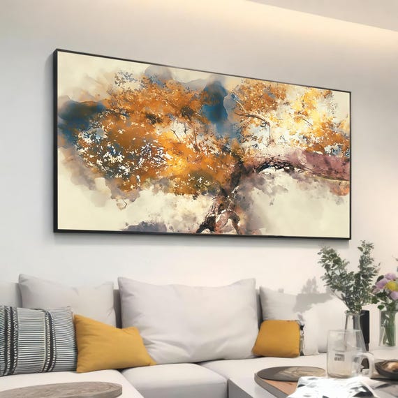 Golden Abstract Tree Wall Art Modern Watercolor Inspired Home Decor