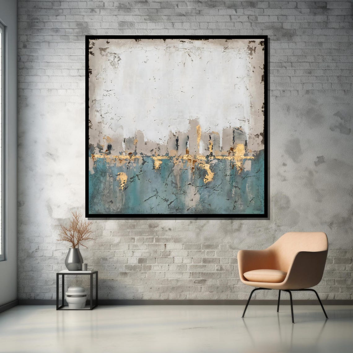 Abstract Teal and Gold City Skyline Textured Modern Art Poster - Image 5