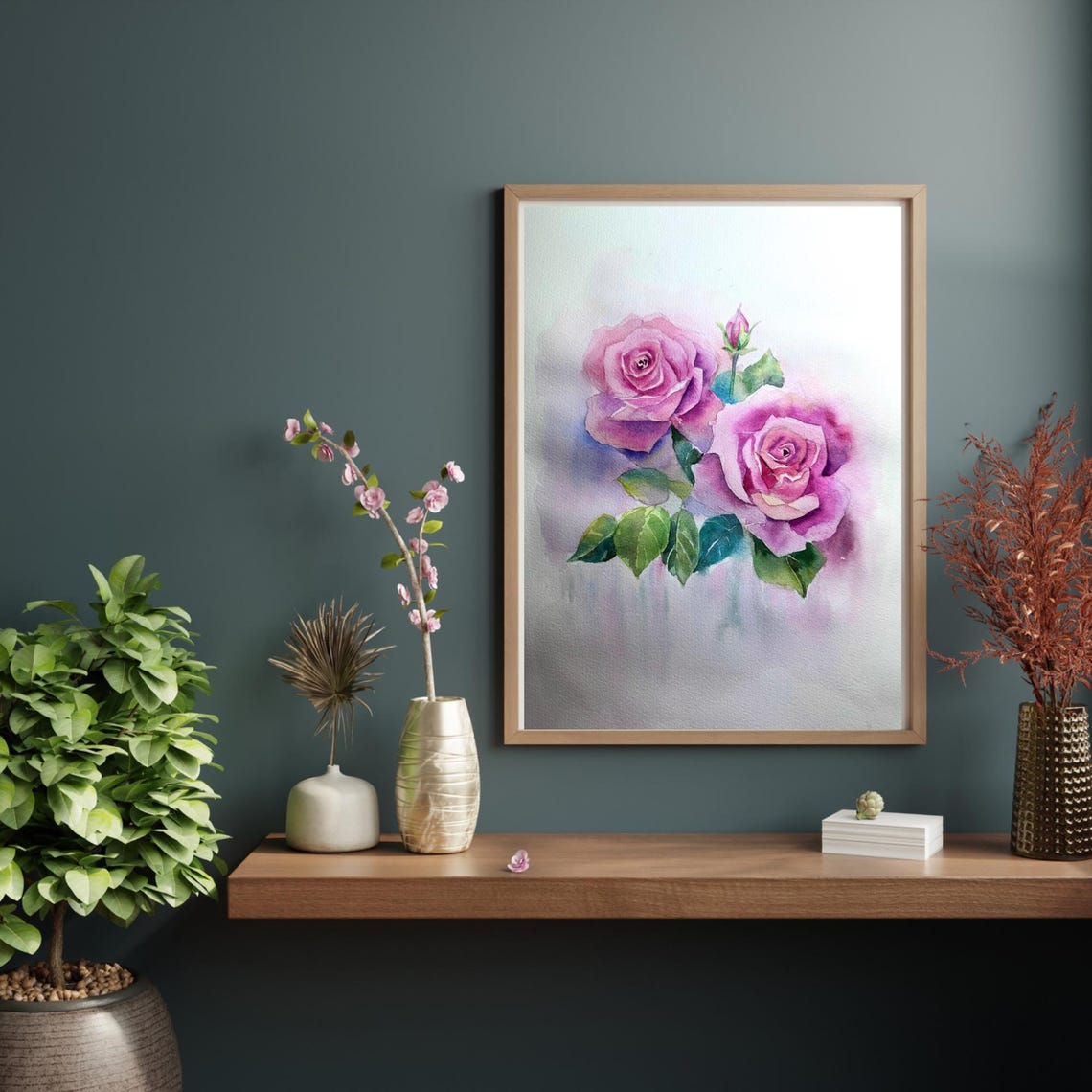 Two Delicate Pink Roses with Buds Watercolor Floral Art Poster - Image 3
