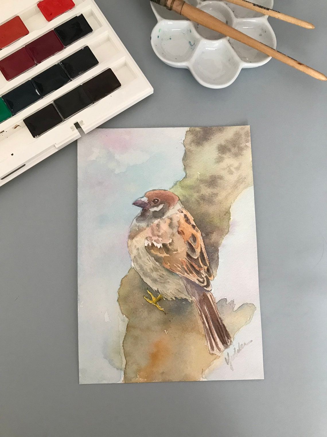 House Sparrow Perched on Branch Watercolor Garden Bird Poster - Image 2