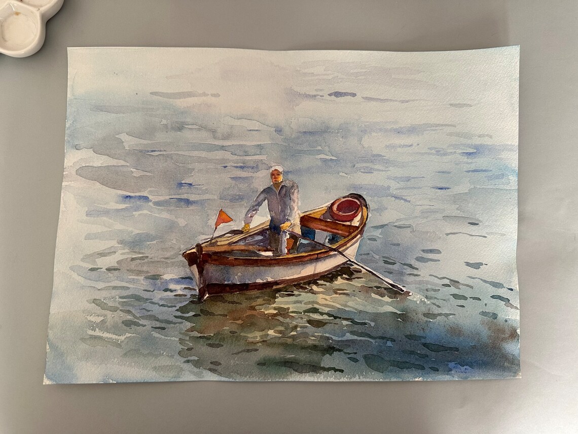 Fisherman Rowing Wooden Boat on Calm Sea Watercolor Art Poster - Image 2