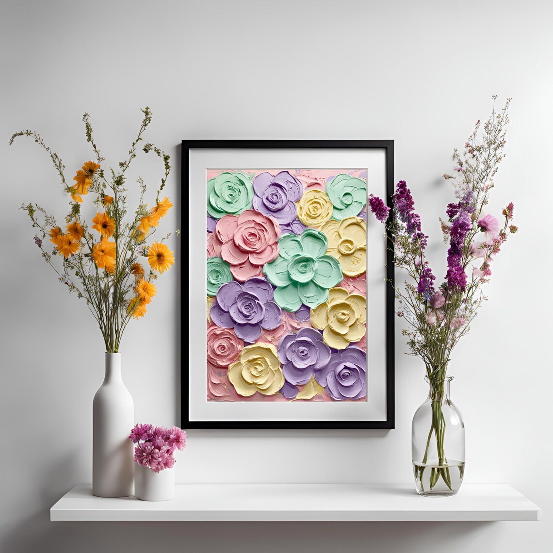 Pastel Petal Symphony Impasto Rose Garden Square Floral Wall Art - Image 4