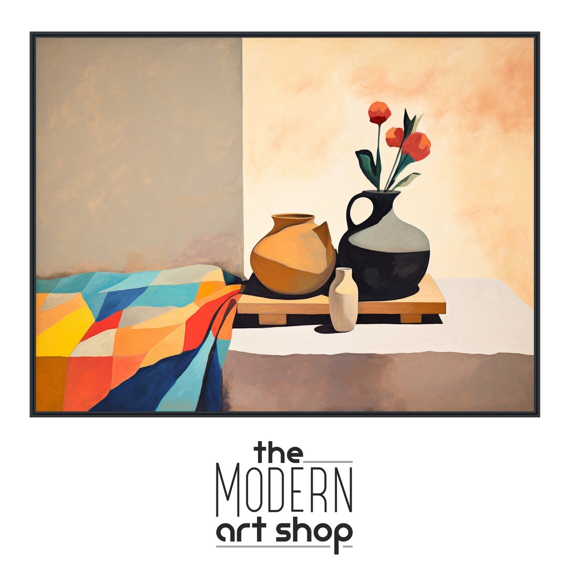 Adobe Still Life Painting Clay Pots Patchwork Cloth Flowers Wall Poster - Image 4