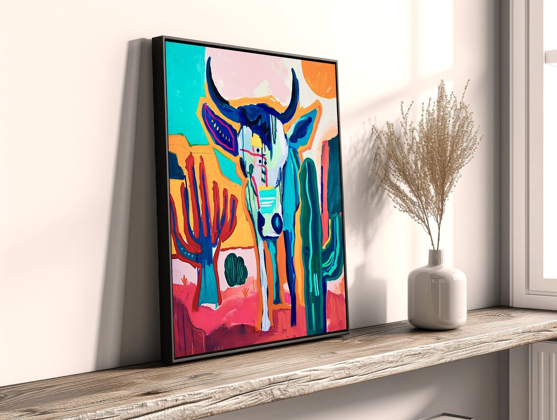 Pecos Southwestern Abstract Bull and Cactus Art Print - Image 2