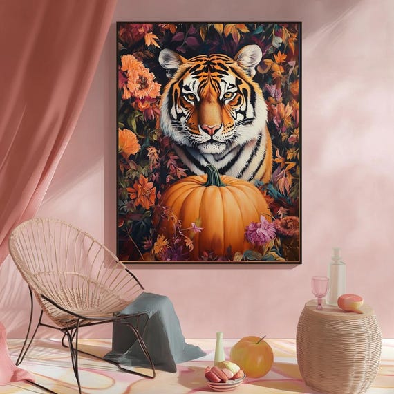 Tiger With Pumpkin Fall Wall Art Maximalist Animal Print Autumn Jungle Decor