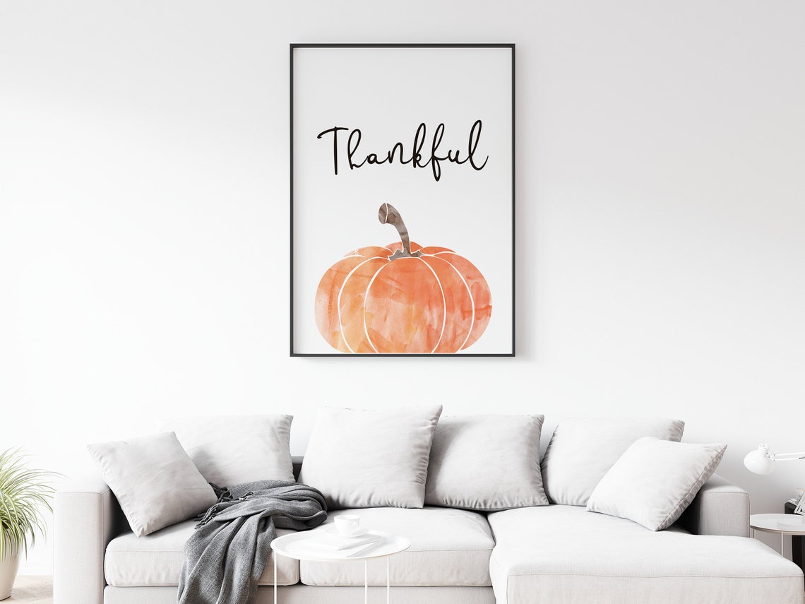 Thankful Script Orange Watercolor Pumpkin Fall Holiday Decor Wall Art - Image 2