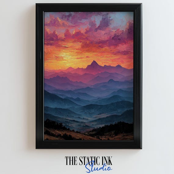 Sunset Mountain Landscape Wall Art Print Colorful Sky Painting 300 Dpi Nature Decor In Various Ratios