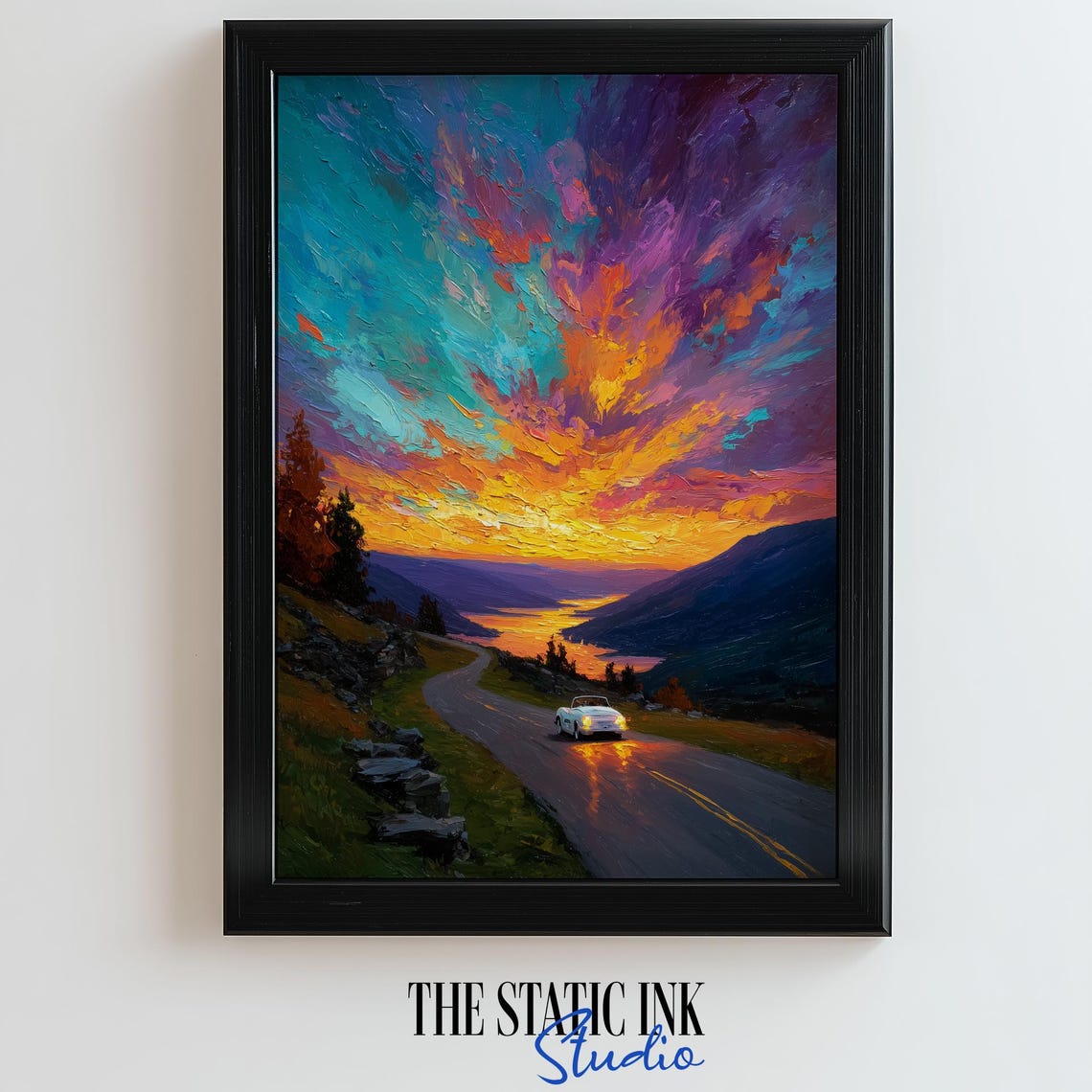 White Convertible Driving Into Sunset Mountain Landscape Poster