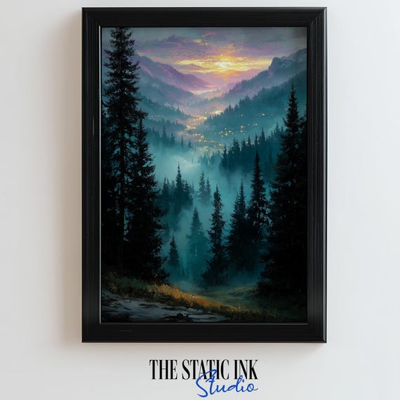 Misty Forest Mountain Sunrise Wall Art Print Dreamy Landscape Painting 300 Dpi Nature Decor