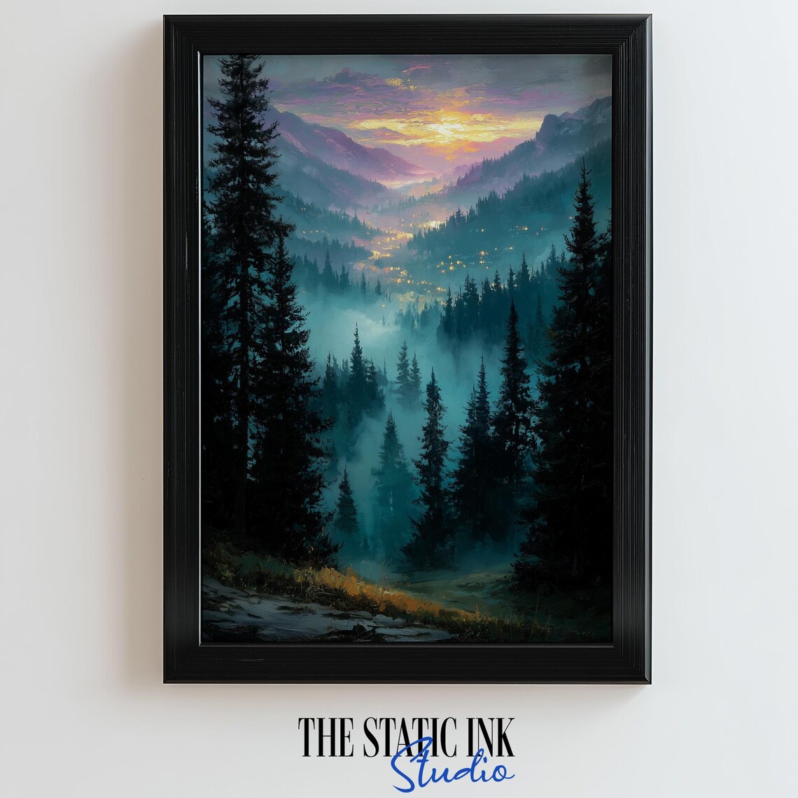 Misty Mountain Valley Sunrise Foggy Pine Forest Teal Landscape Poster