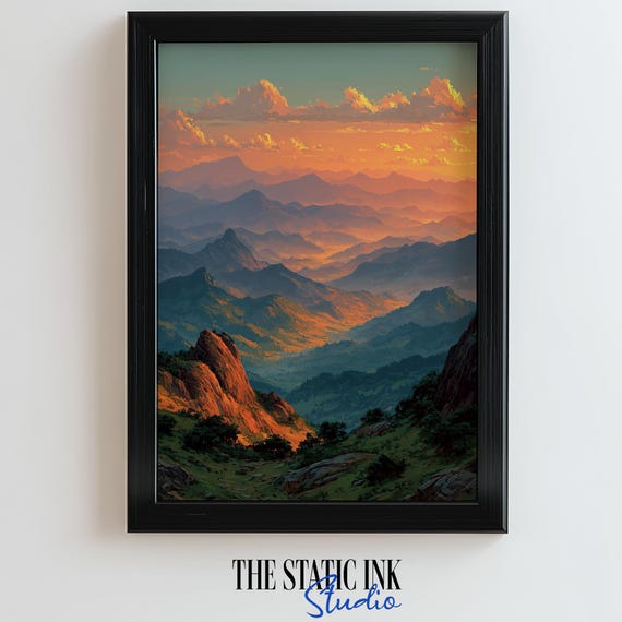 Sunset Mountain Landscape Wall Art Glowing Valley Painting With Rolling Hills And Cloudy Sky Nature Scene Print