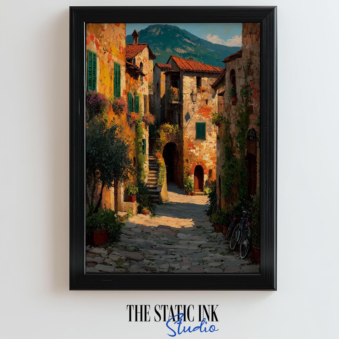 Sunny Italian Alleyway With Stone Houses And Green Shutters Poster