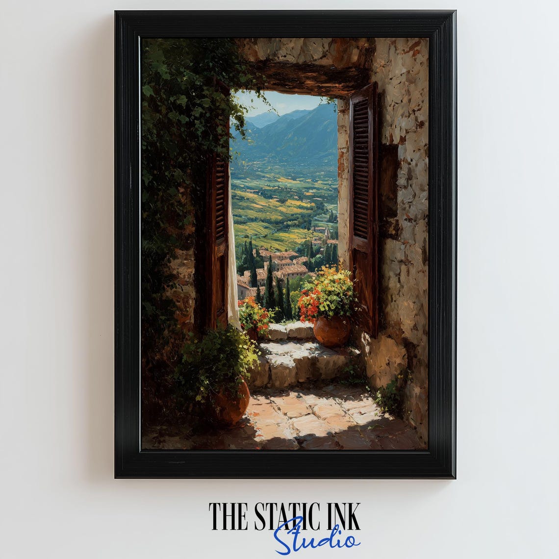 Tuscan Stone Window View With Flower Pots Over Green Valley Poster