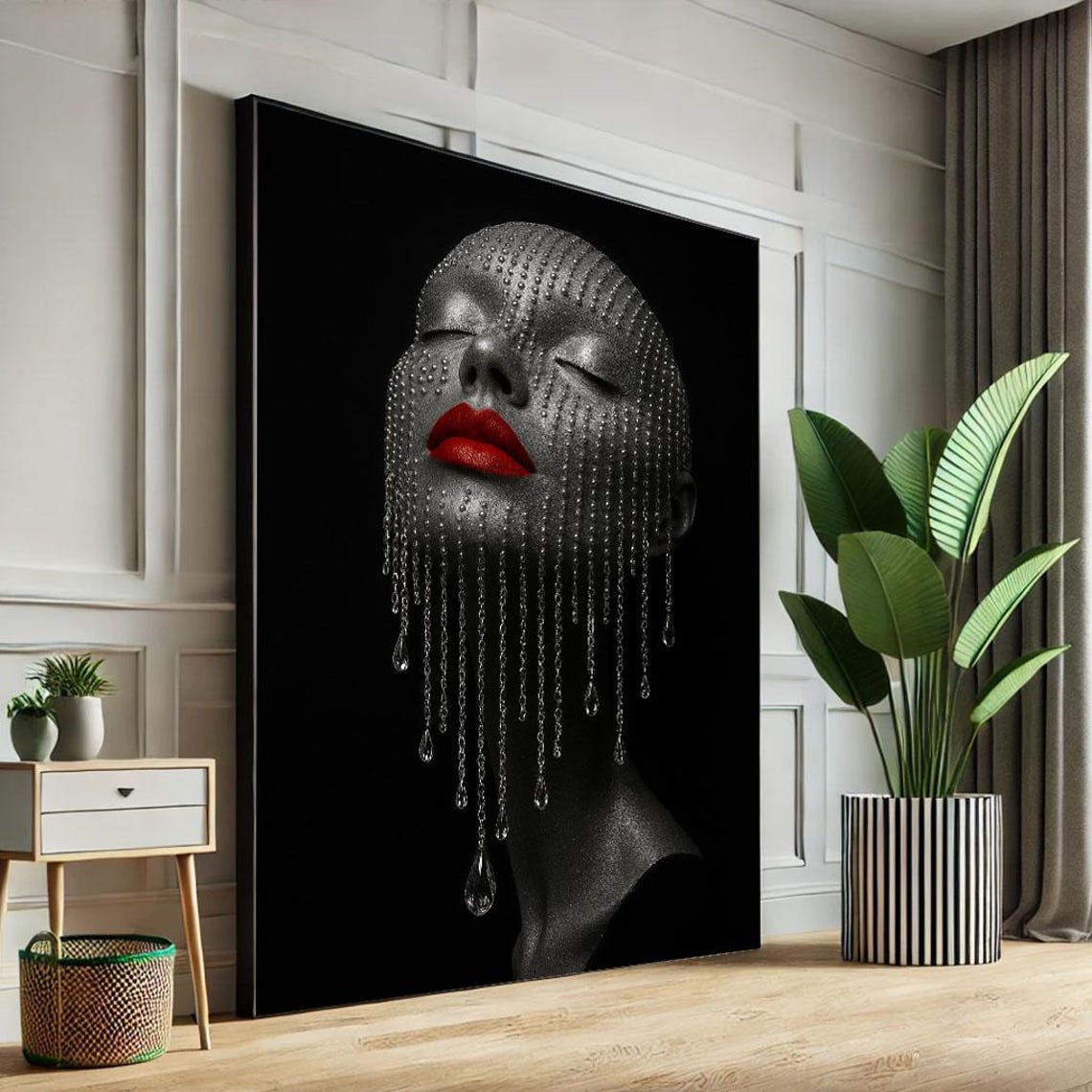 Silver Face With Crystal Bead Veil And Red Lips Luxury Poster